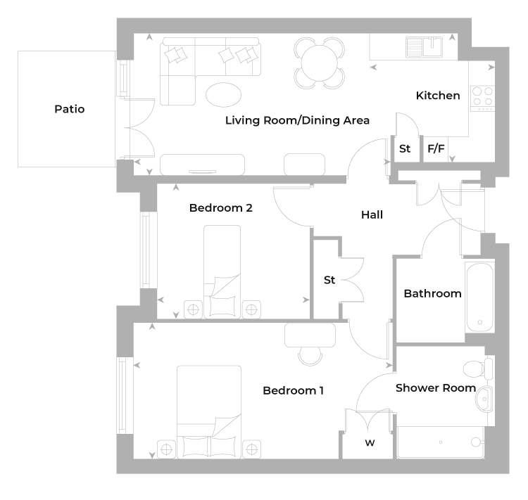 Ground floor, 2 bedroom apartment floor plan