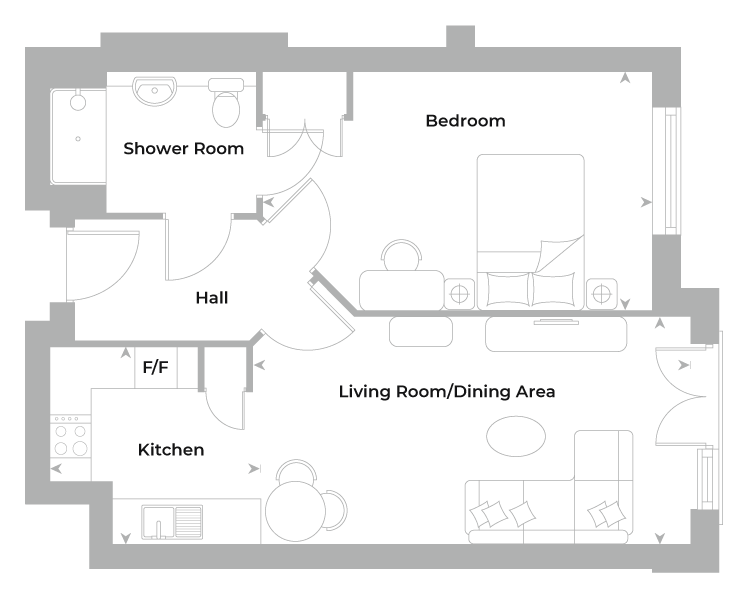 Flat 48, second floor, 1 bedroom apartment floor plan