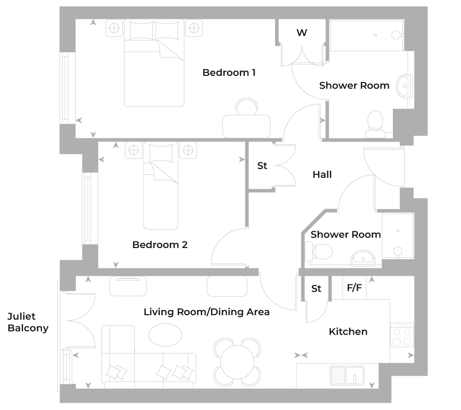 so-flat-60-floor-plan Flat 60 - 2-bed with Juliet balcony for sale at Southern Oaks Nonsuch - £435,000